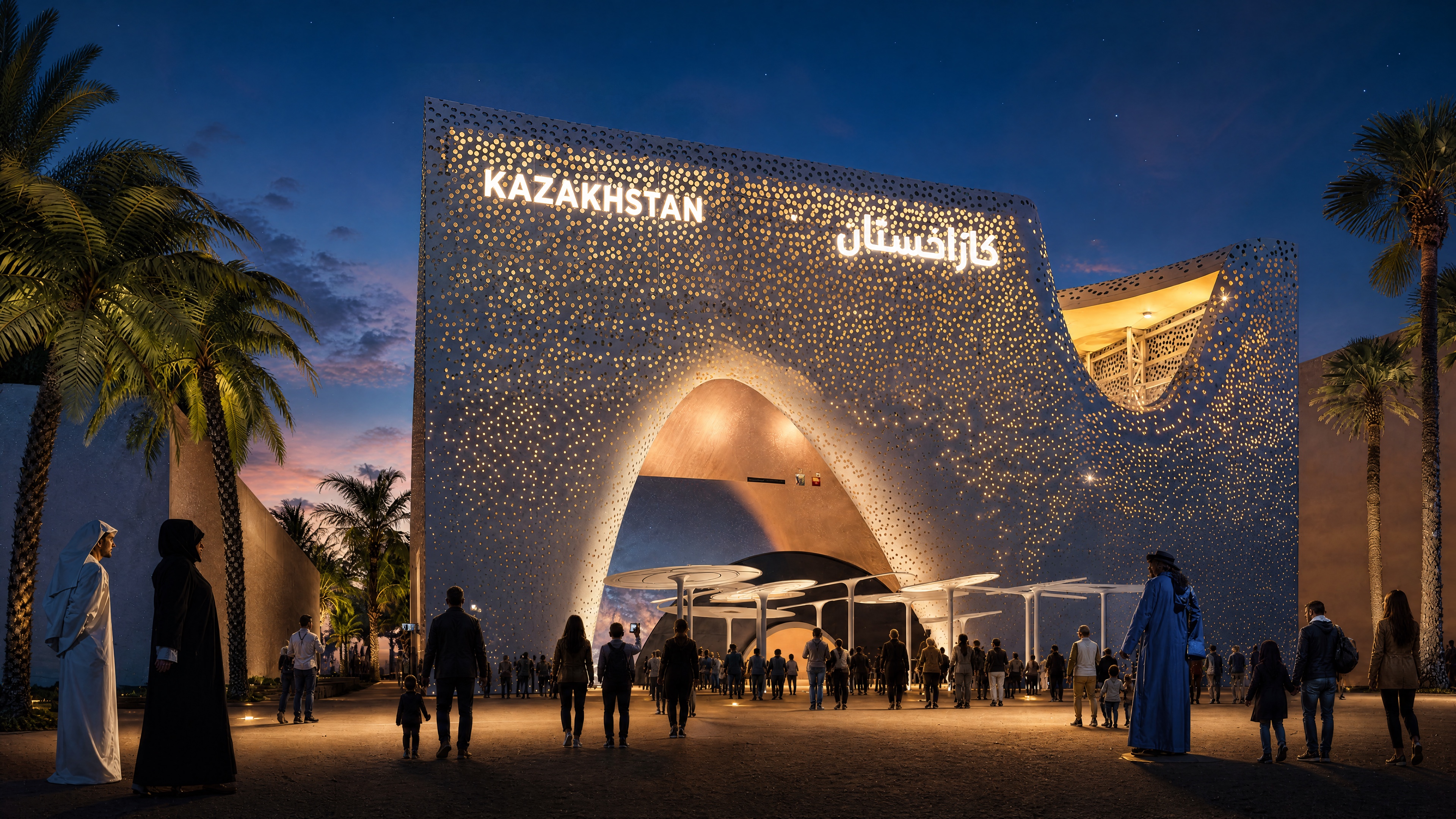 Illuminierter Expo-Pavillon von Kasachstan bei Nacht.
