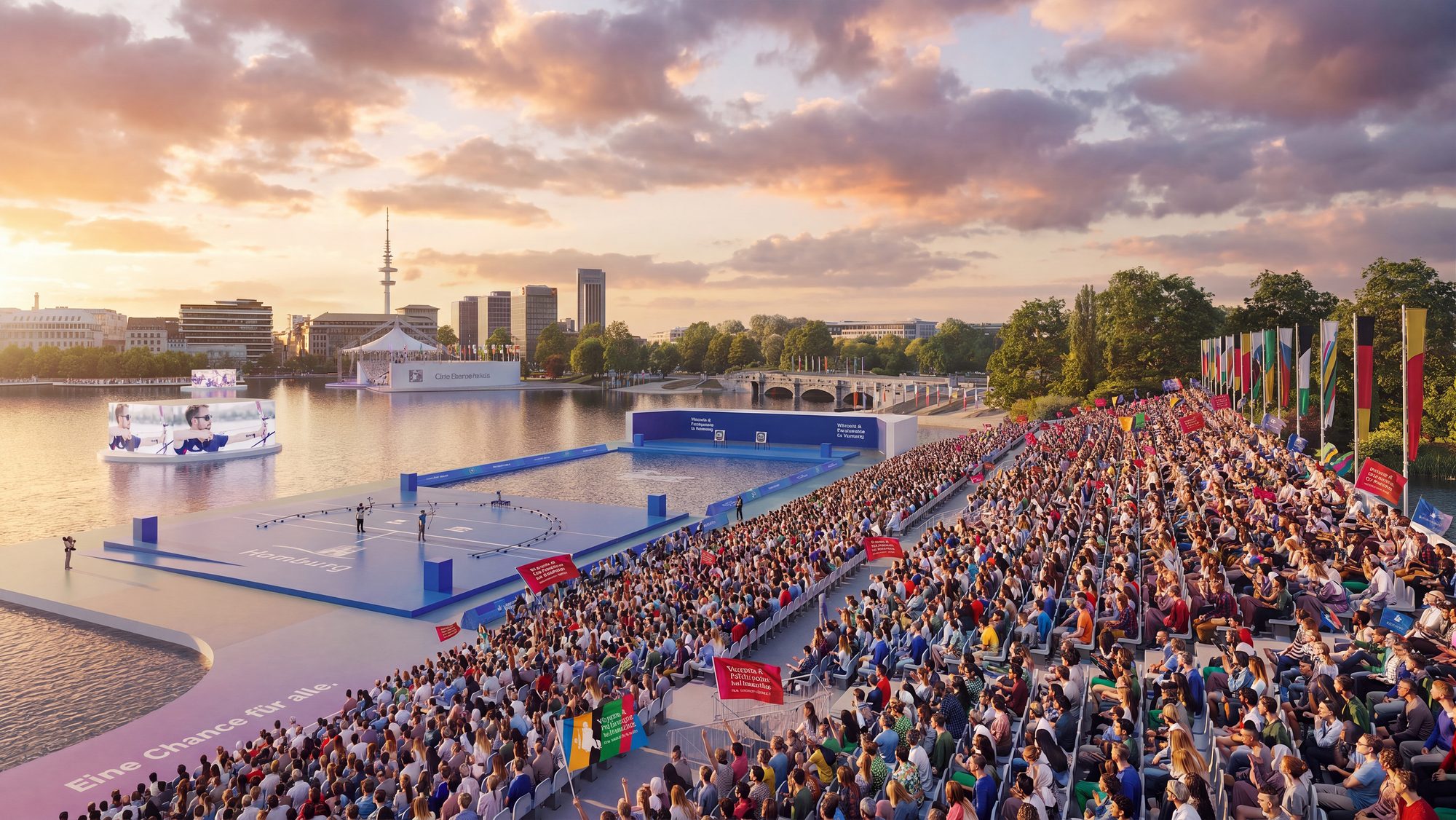 Bogenschieß-Arena vor der Hamburger Stadtkulisse.