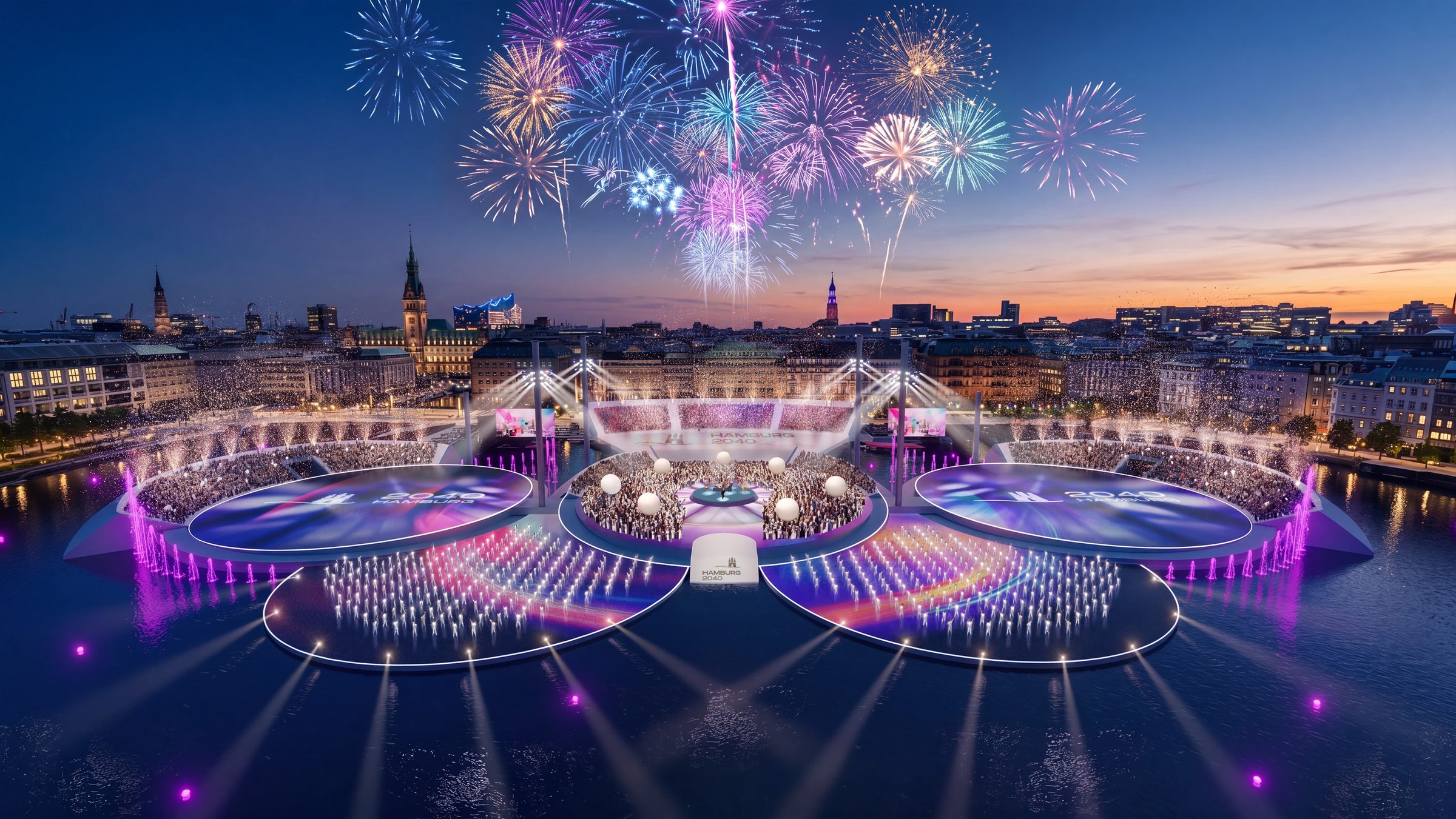 Visualisierung der olympischen Eröffnungszeremonie auf der Binnenalster.