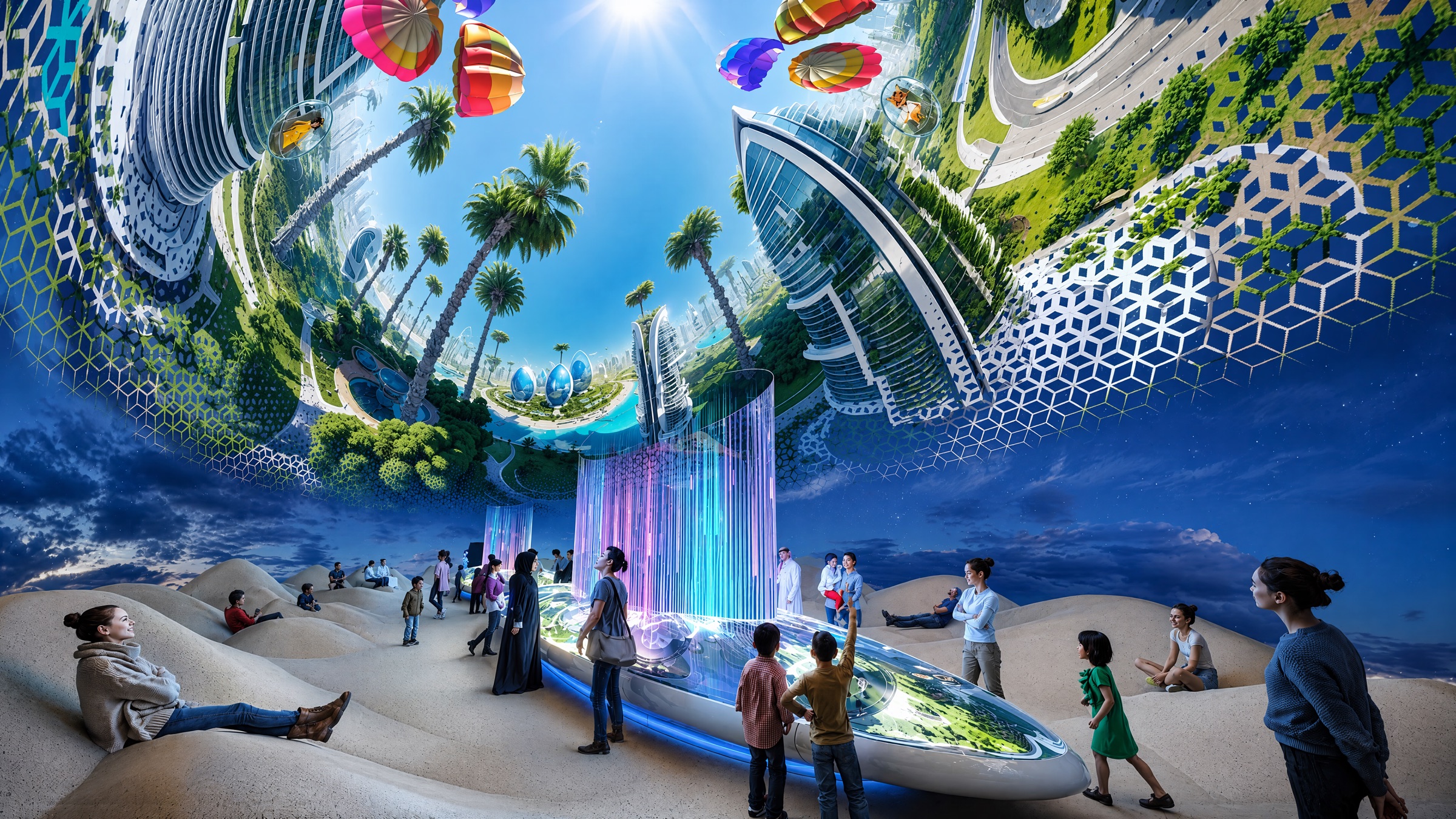 Besucher in einer visionären Kuppellandschaft aus dem Pitch für den Kuwaitischen Pavillon.