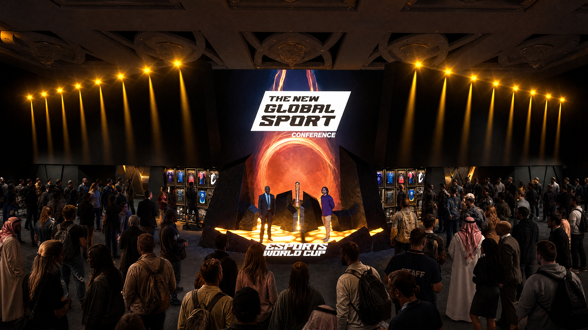 Eine Esports-Präsentation 2025, gerahmt von einer tiefschwarzen Bühnenwelt.