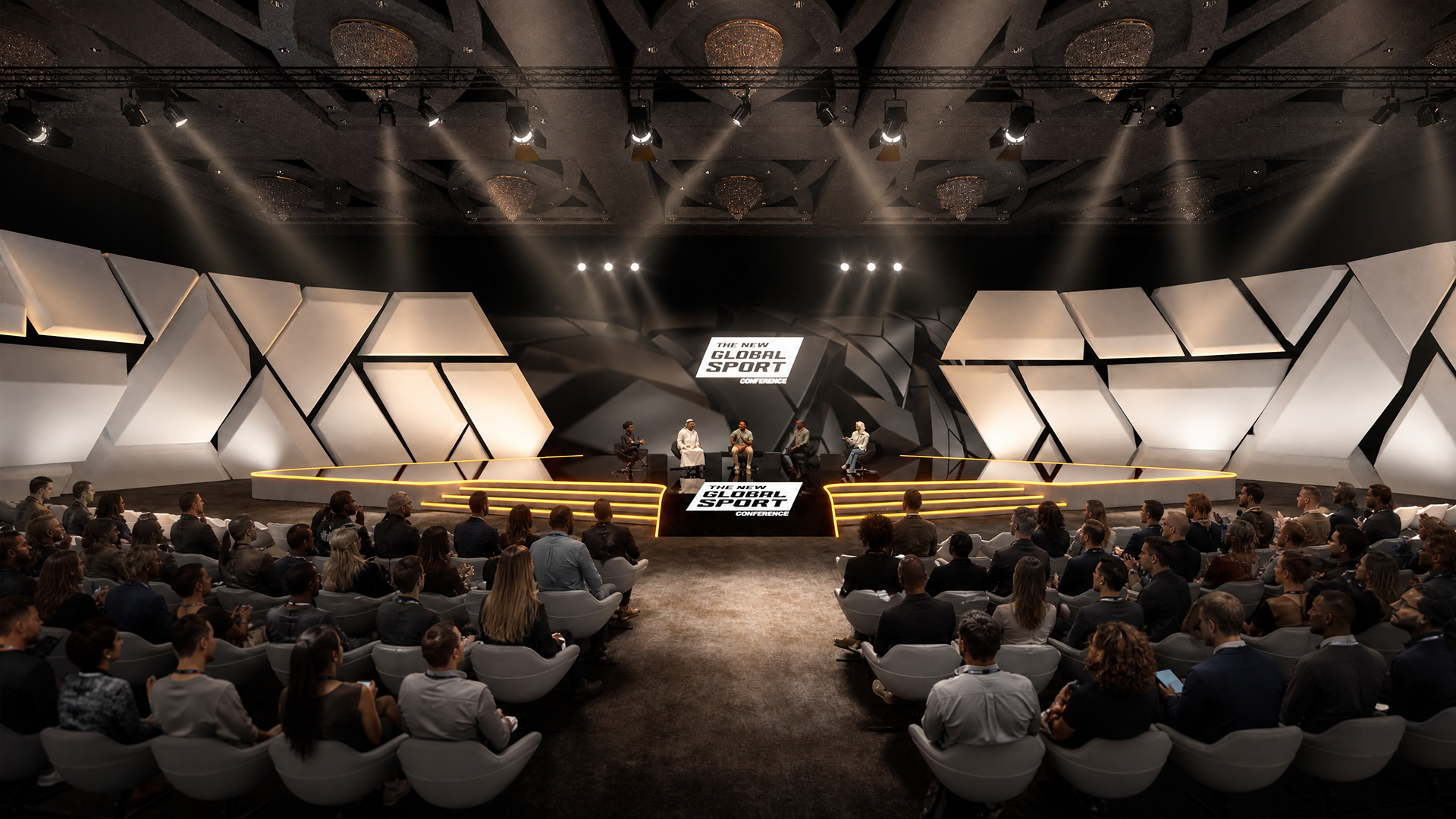 Eine Paneldiskussion innerhalb der skulpturalen Bühnenarchitektur.