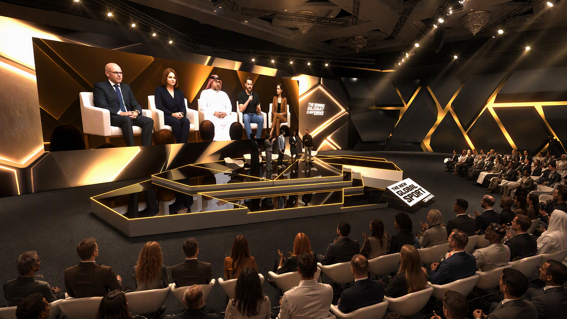Nahe Publikumsperspektive der tiefschwarzen Bühnenarchitektur 2025 während einer Paneldiskussion.
