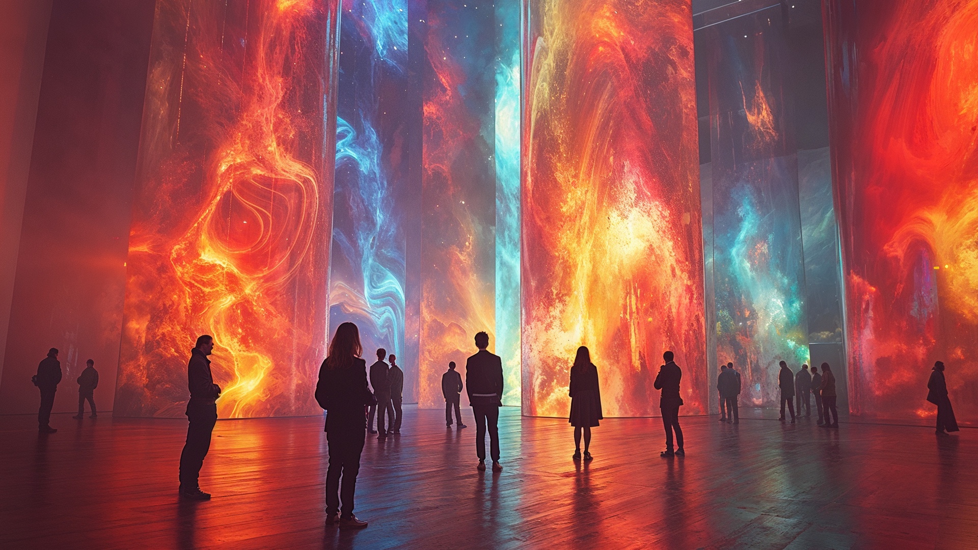 Visitors in an immersive light installation.